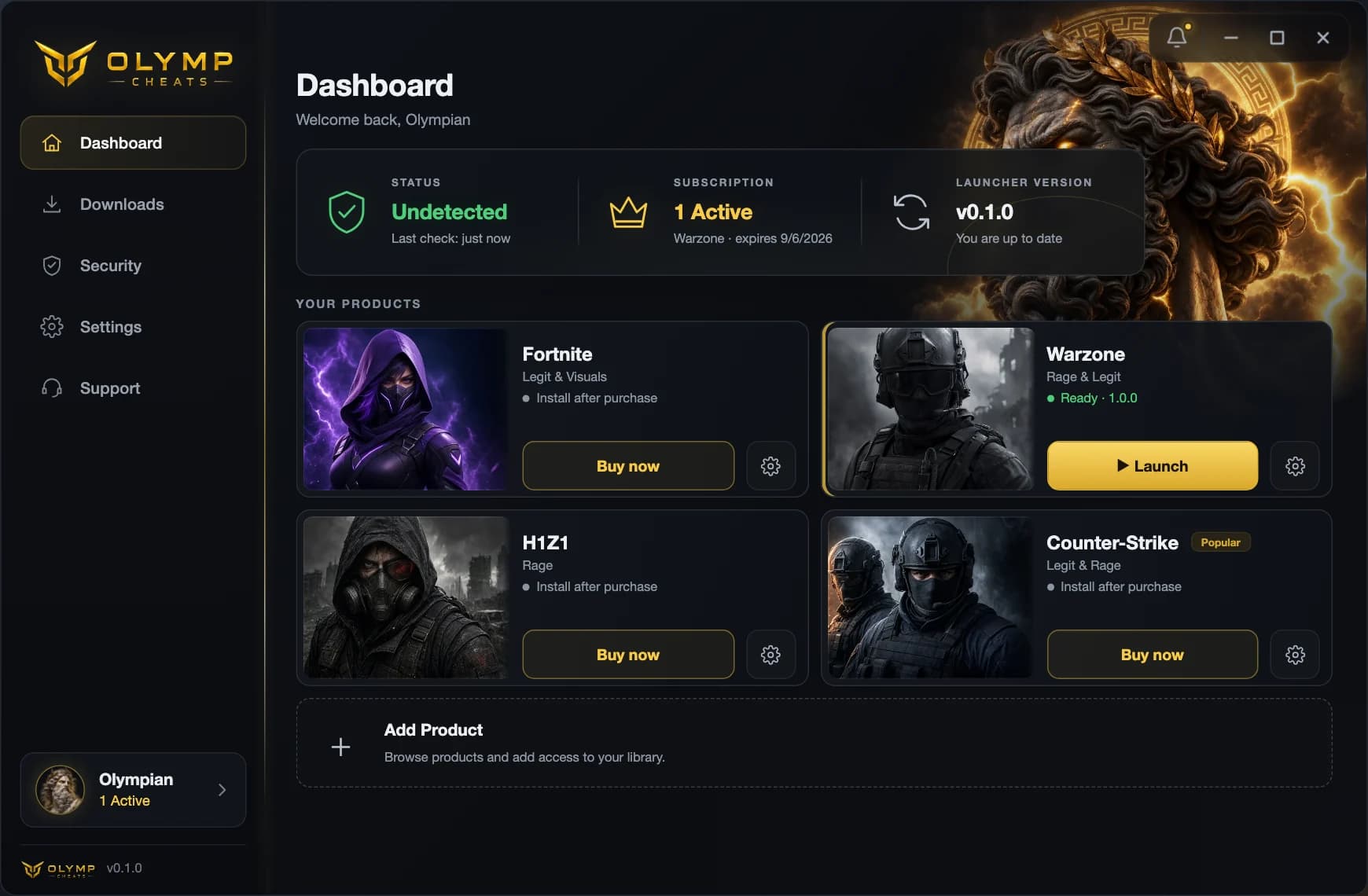 Olymp desktop launcher dashboard showing account access and available products